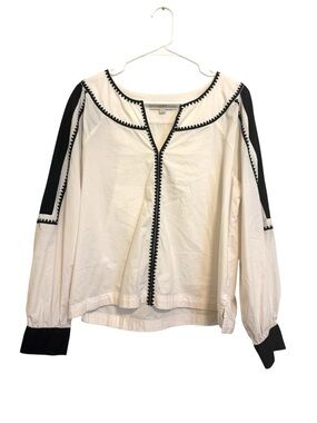 2/$30 LOFT White Black Contrast Trim Peasant Blouse Size Medium Boho Cottagecore